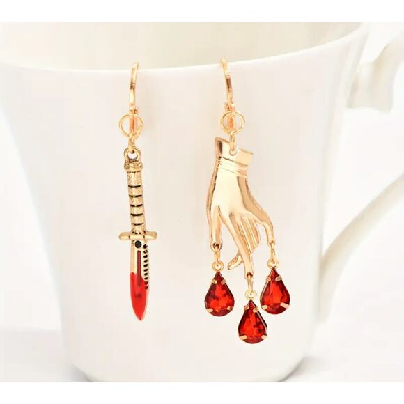 Bloody Dagger and Hand Asymmetric Gold Alloy Earrings Punk Emo Pastel Goth NWT - Picture 2 of 4